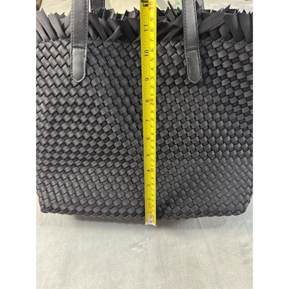 Ah-Dorned Black Woven Neoprene Fringe Tote | Soft Structured Shoulder Bag - Picture 7 of 12